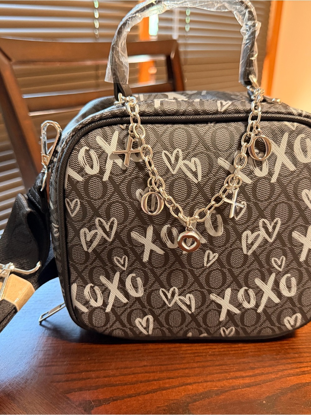 XOXO Black XO & Heart Print Satchel with Charm Chain